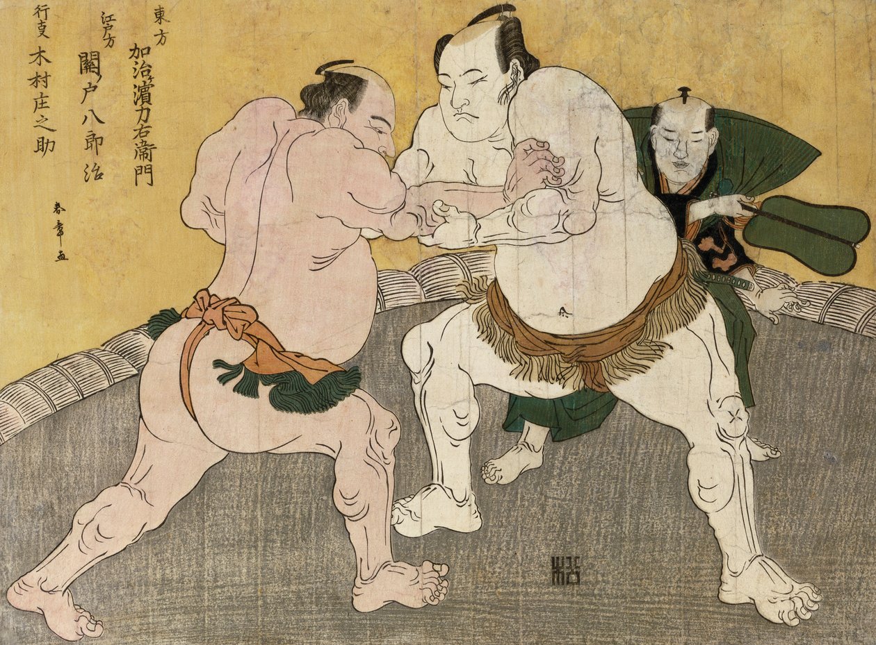 Wrestling Match mezi Kimenzan Tanigoro a Edogasaki Gemji (barevný dřevotisk) od Katsukawa Shunsho