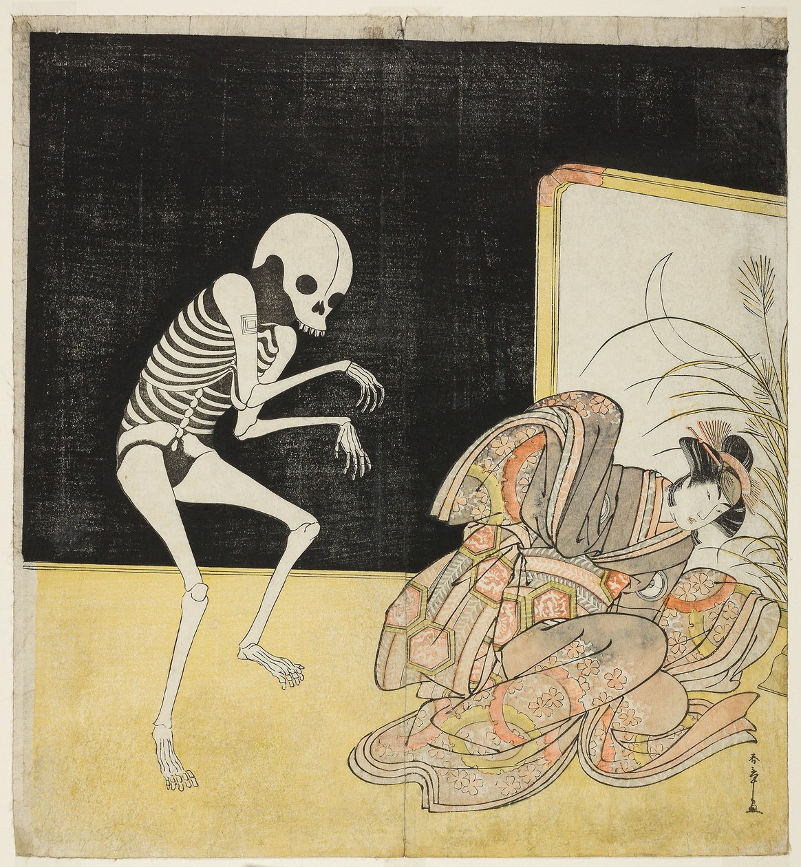 Herci Ichikawa Danjuro V jako kostra, duch renegátského mnicha Seigena (vlevo) a Iwai Hanshiro IV jako princezna Sakura (vpravo), ve hře „Vestiges of Pine and Cherry“ od Katsukawa Shunsho