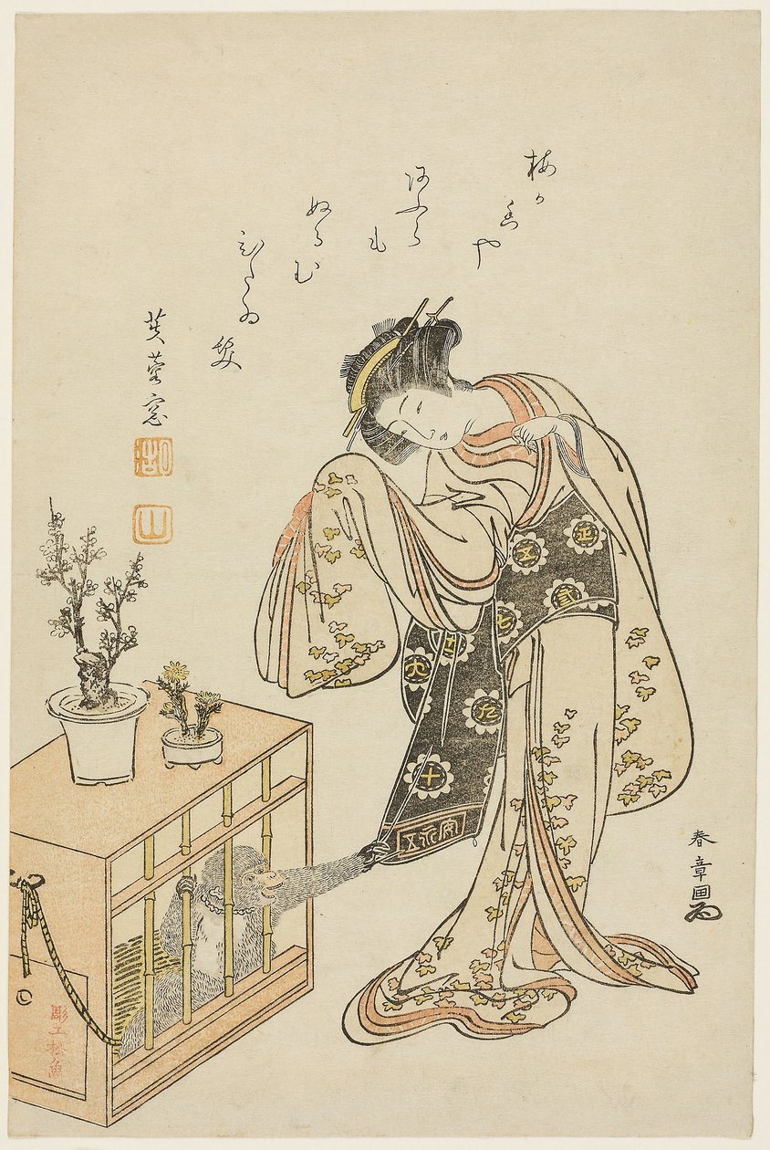 Mladá žena s opicí v kleci (kalendářní tisk na Nový rok 1776) od Katsukawa Shunsho