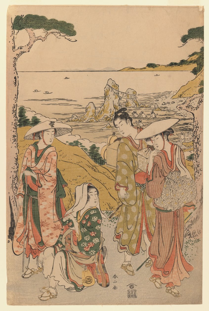 Společnost poutníků z Yedo před čajovnou na kopcích za pláží Futami obdivující výhled, 1795 (barevný dřevotisk) od Katsukawa Shunzan