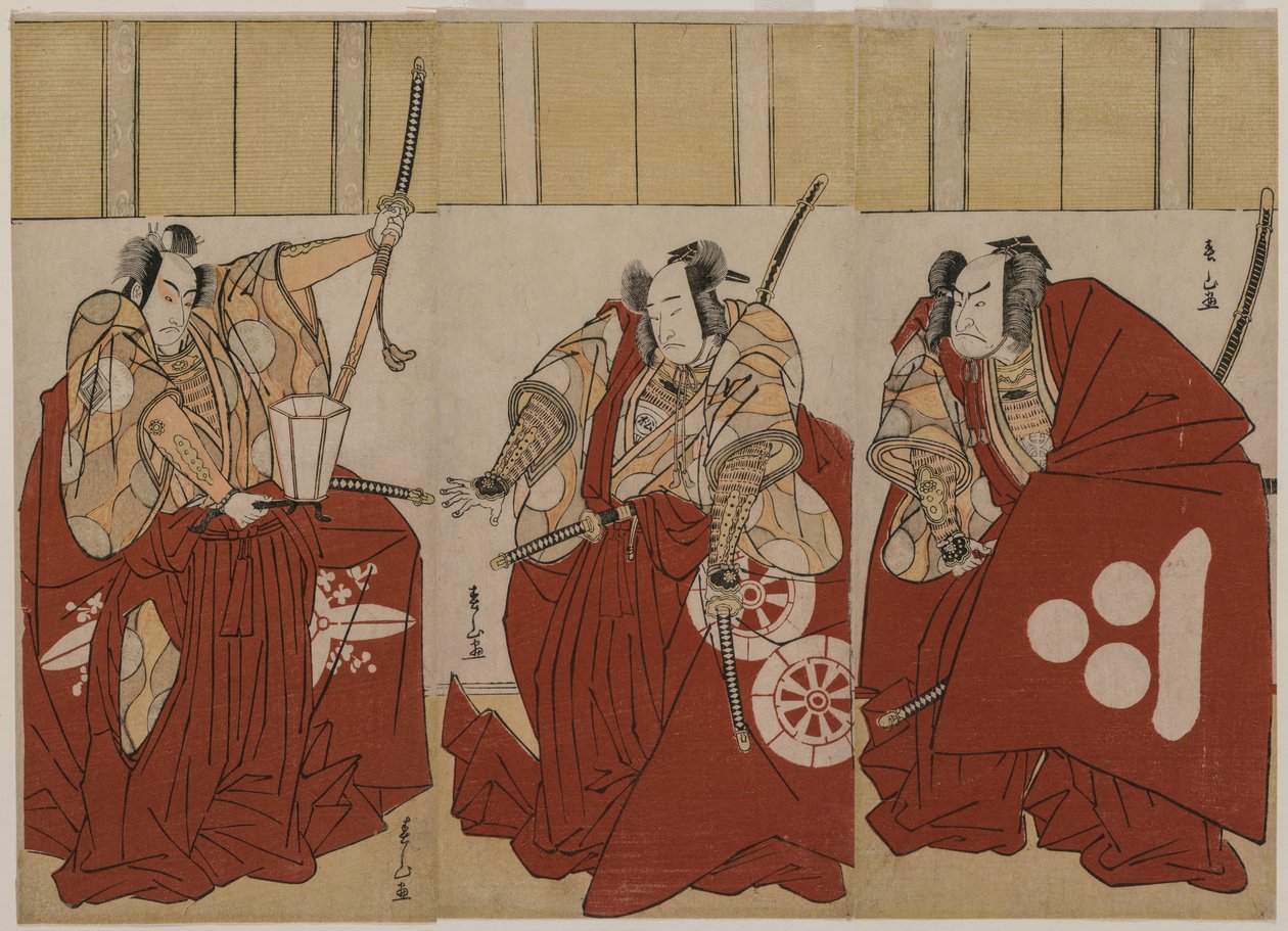 Ichikawa Monnosuke II jako Urabe Suetake, Onoe Matsusuke I jako Usui Sadamitsu a Nakamura Nakazo I jako Watanabe no Tsuna ve filmu Čtyři nebeští králové v kostýmu Noční hlídky od Katsukawa Shunzan