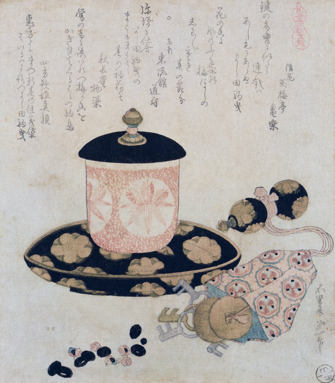 Hrnec čaje a klíče, 1822 (barevný dřevořez) od Katsushika Hokusai