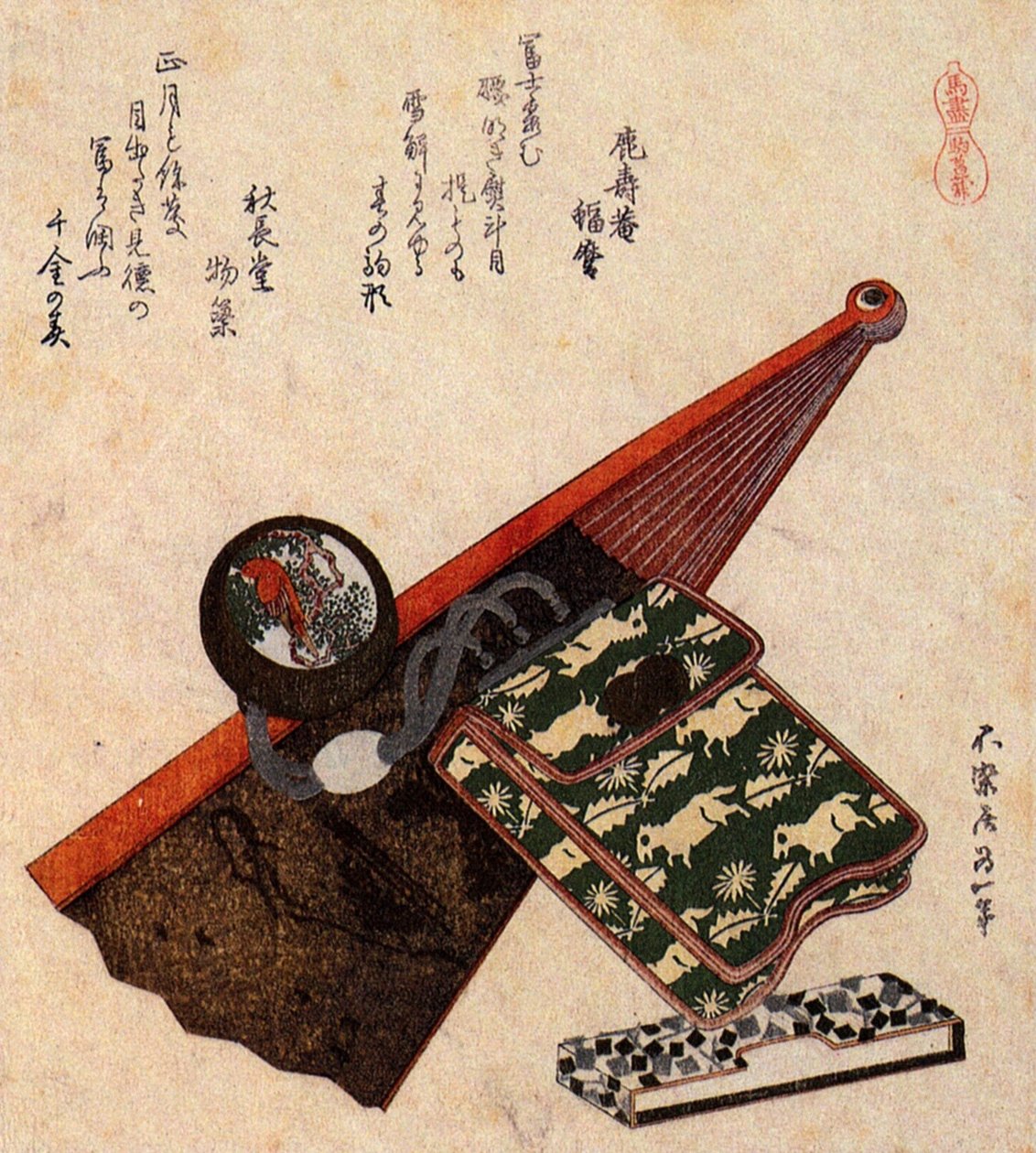 Kožený váček s kagami Netsuke ona částečně otevřený ventilátor od Katsushika Hokusai