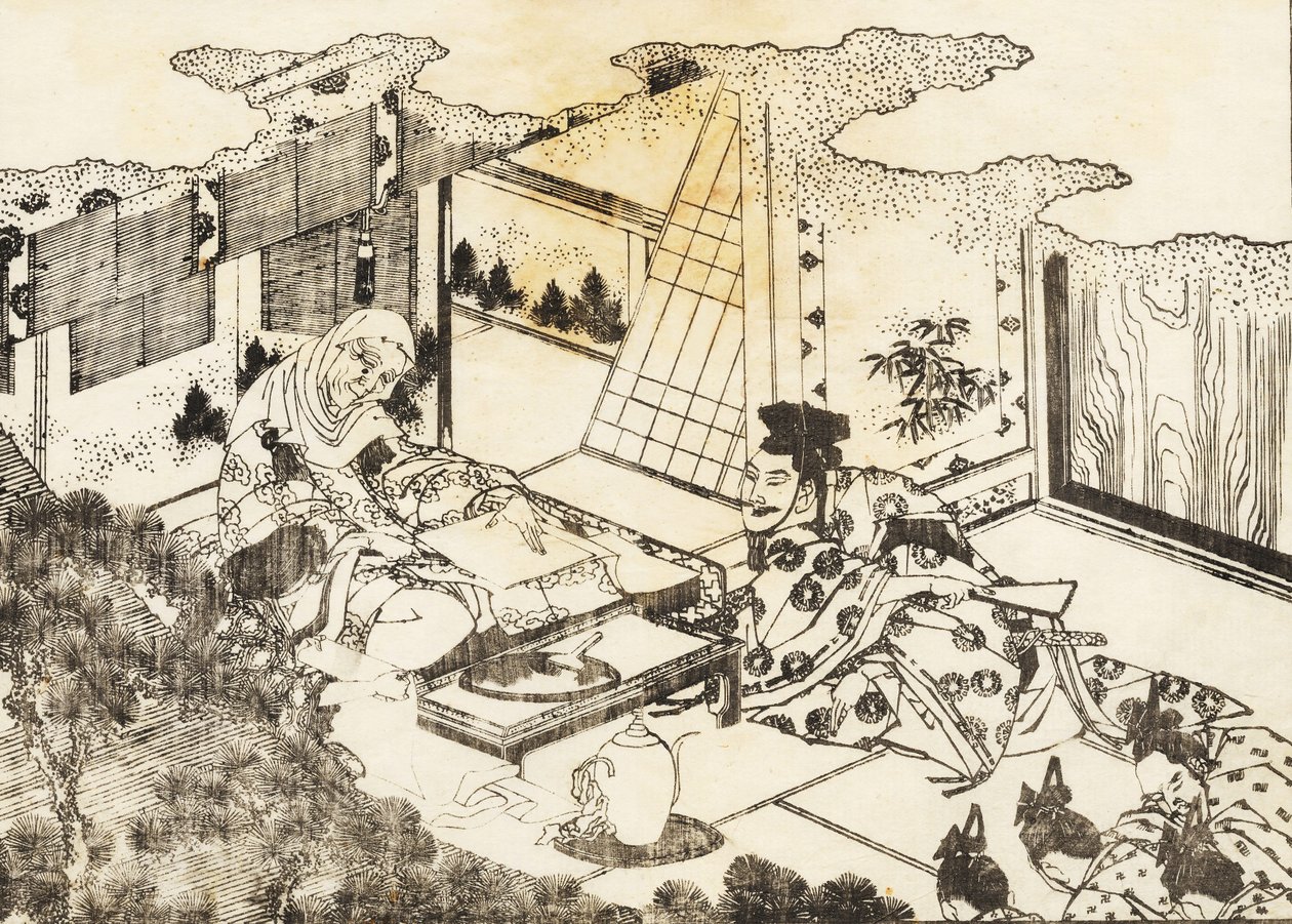 Stará žena, možná jeptiška buddhismu, sedí a mladá žena jí něco čte od Katsushika Hokusai
