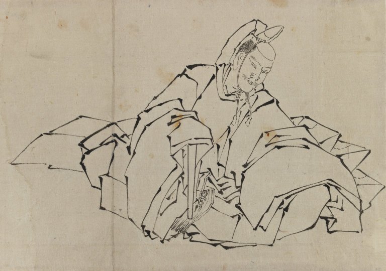 Kresba sedícího šlechtice v plném kostýmu od Katsushika Hokusai