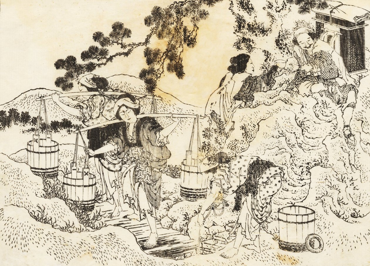 Čtyři ženy, které tvrdě pracovaly a nesly kádě s vodou od Katsushika Hokusai