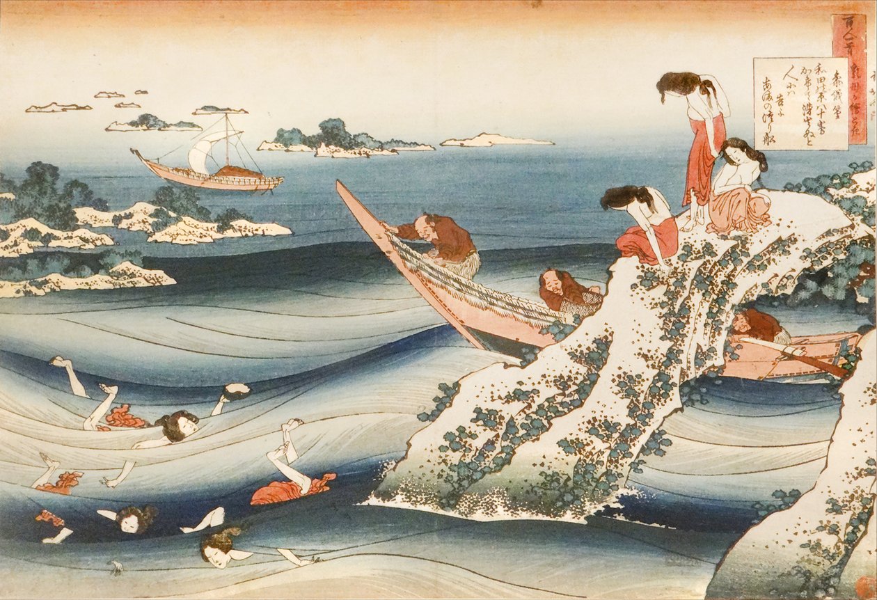 Sangi no Takamura, spící pêcheuses od Katsushika Hokusai