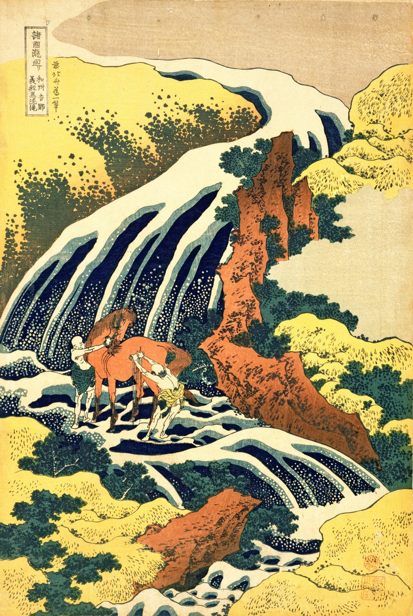 Vodopád, kde Yoshitsune umyl koně“, č. 4 v seriálu „Cesta k vodopádům všech provincií“, hospoda. od Nishimura Eijudo, kolem roku 1832, (ručně kolorovaný dřevotisk) od Katsushika Hokusai