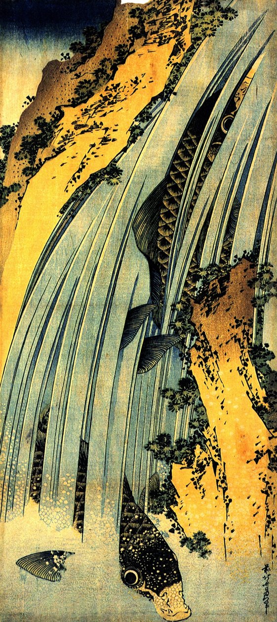 Dva kapři v kaskádě od Katsushika Hokusai