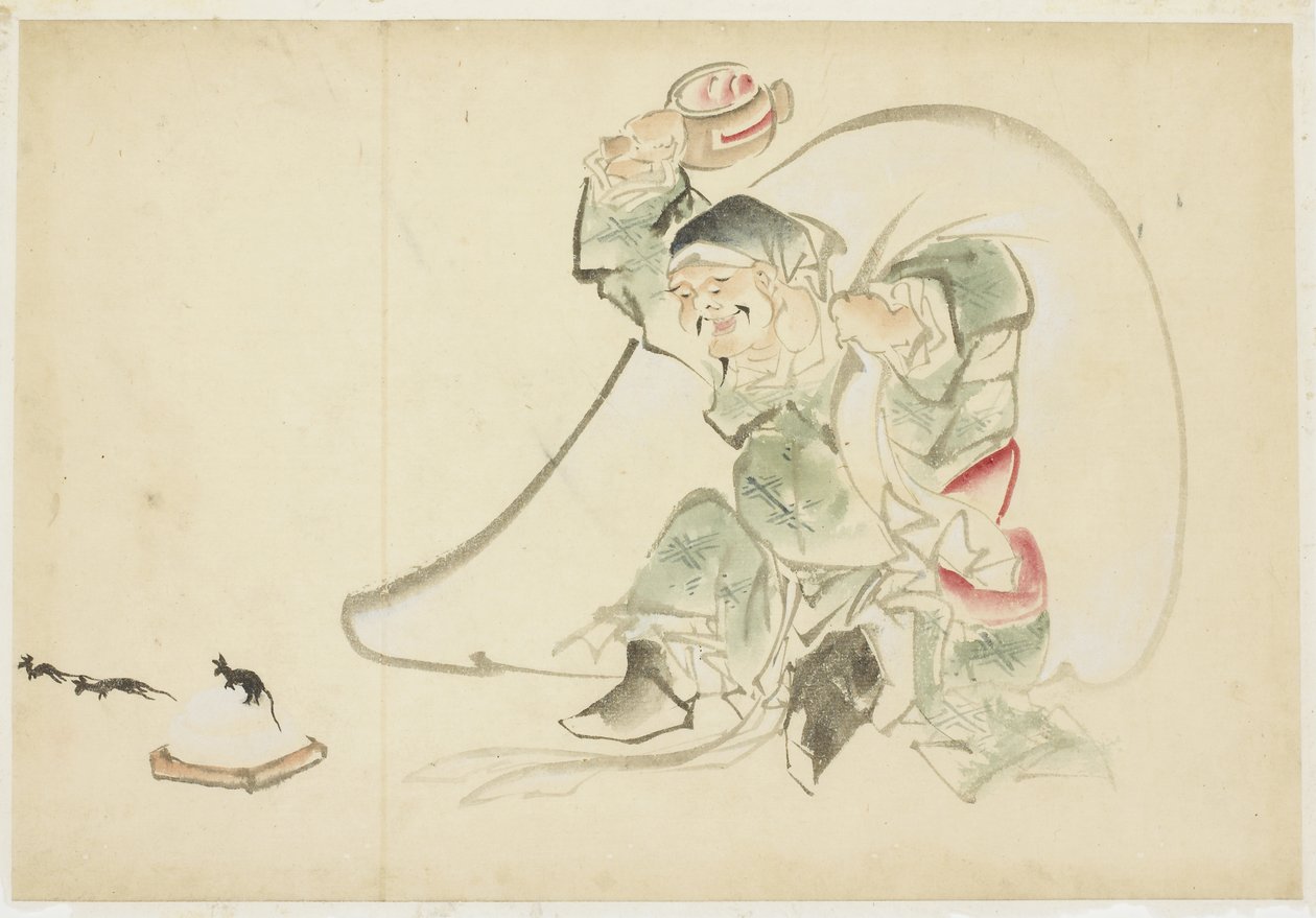 Daikoku, bůh štěstí, se svou magií Palička od Katsushika (school of) Hokusai