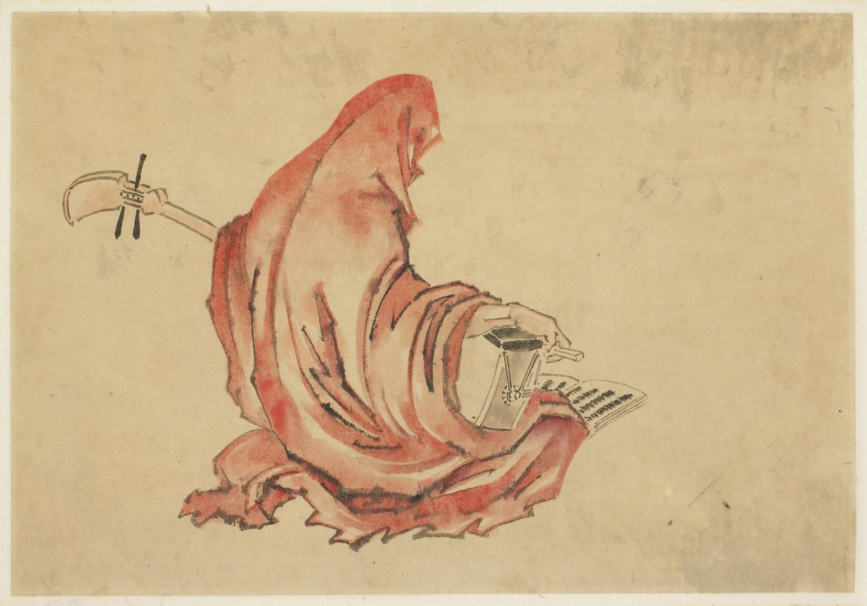 Daruma Playing a Shamisen, cca 1815-1849 (inkoust a barva na papíře) od Katsushika (school of) Hokusai