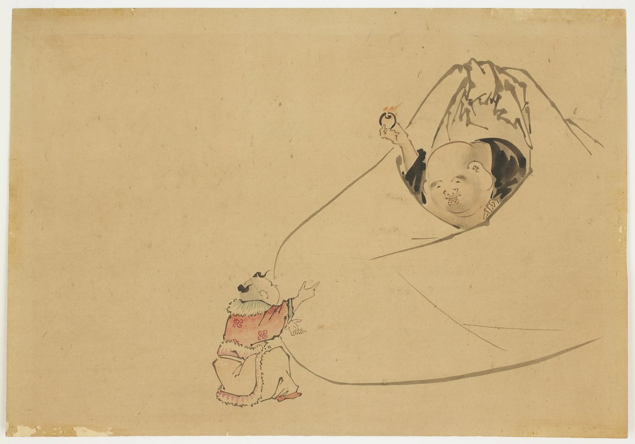 Hotei nabízí planoucí drahokam malému chlapci, c.1850 (inkoust a barva na papíře) od Katsushika (school of) Hokusai