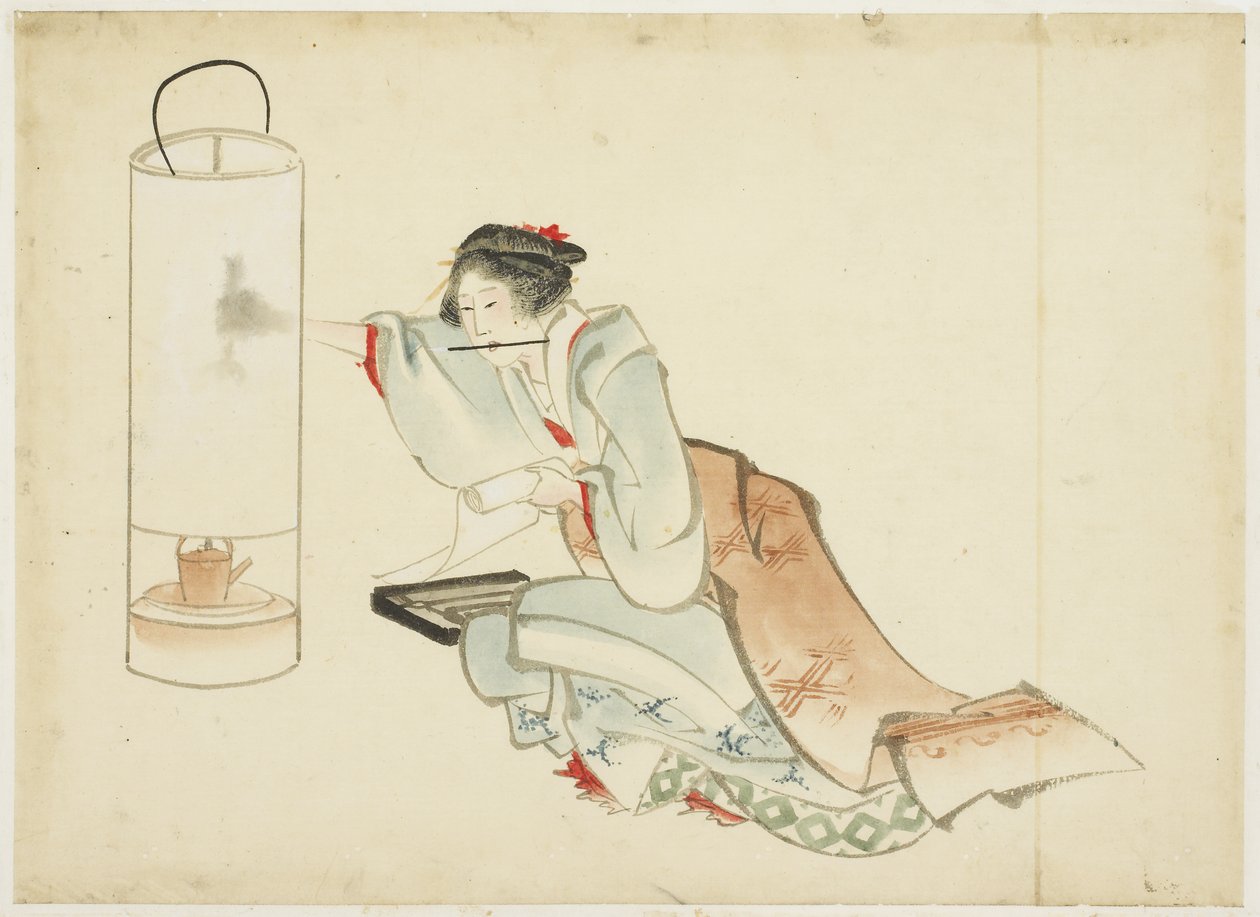 Lady Adjusting a Lamp, c.1815-1849 (inkoust a barva na papíře) od Katsushika (school of) Hokusai