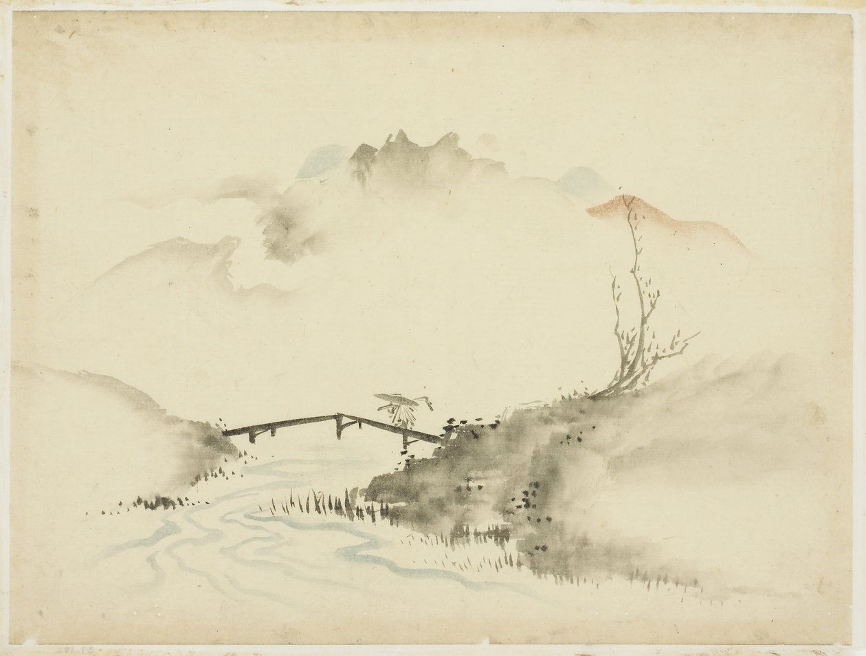 Krajina s Farmer Crossing Bridge, 1615-1868 (inkoust a barva na papíře) od Katsushika (school of) Hokusai