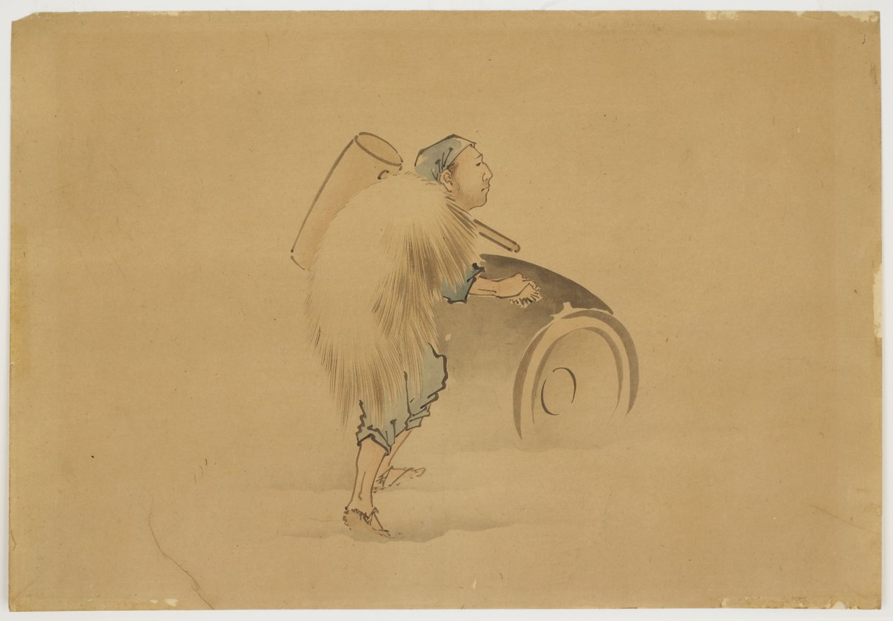 Muž s Mallet Rolling Barrel, cca 1850 (inkoust a barva na papíře) od Katsushika (school of) Hokusai