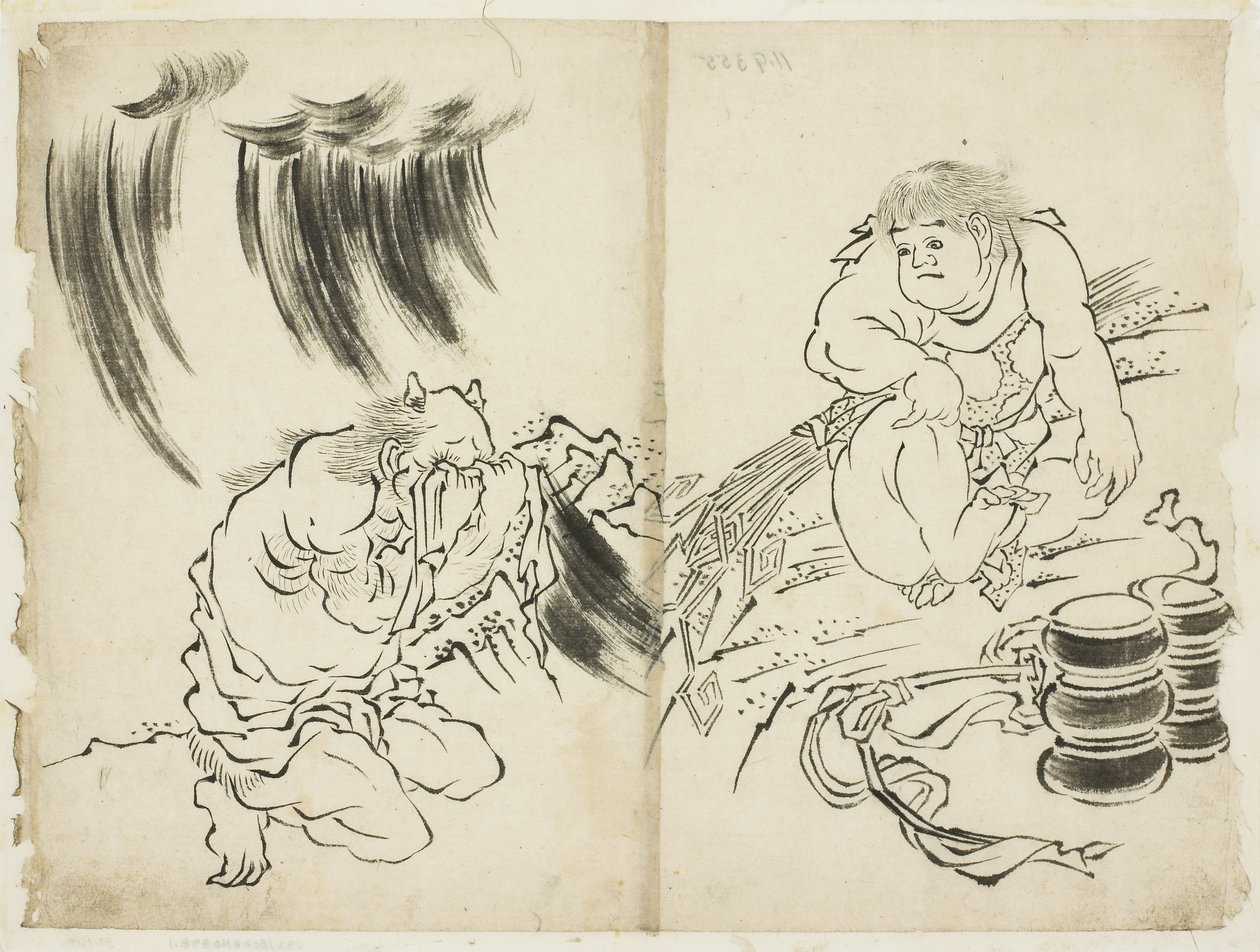 Personifikace Storm s Kintaro a Weeping Oni, c.1815-1849 (inkoust na papíře) od Katsushika (school of) Hokusai
