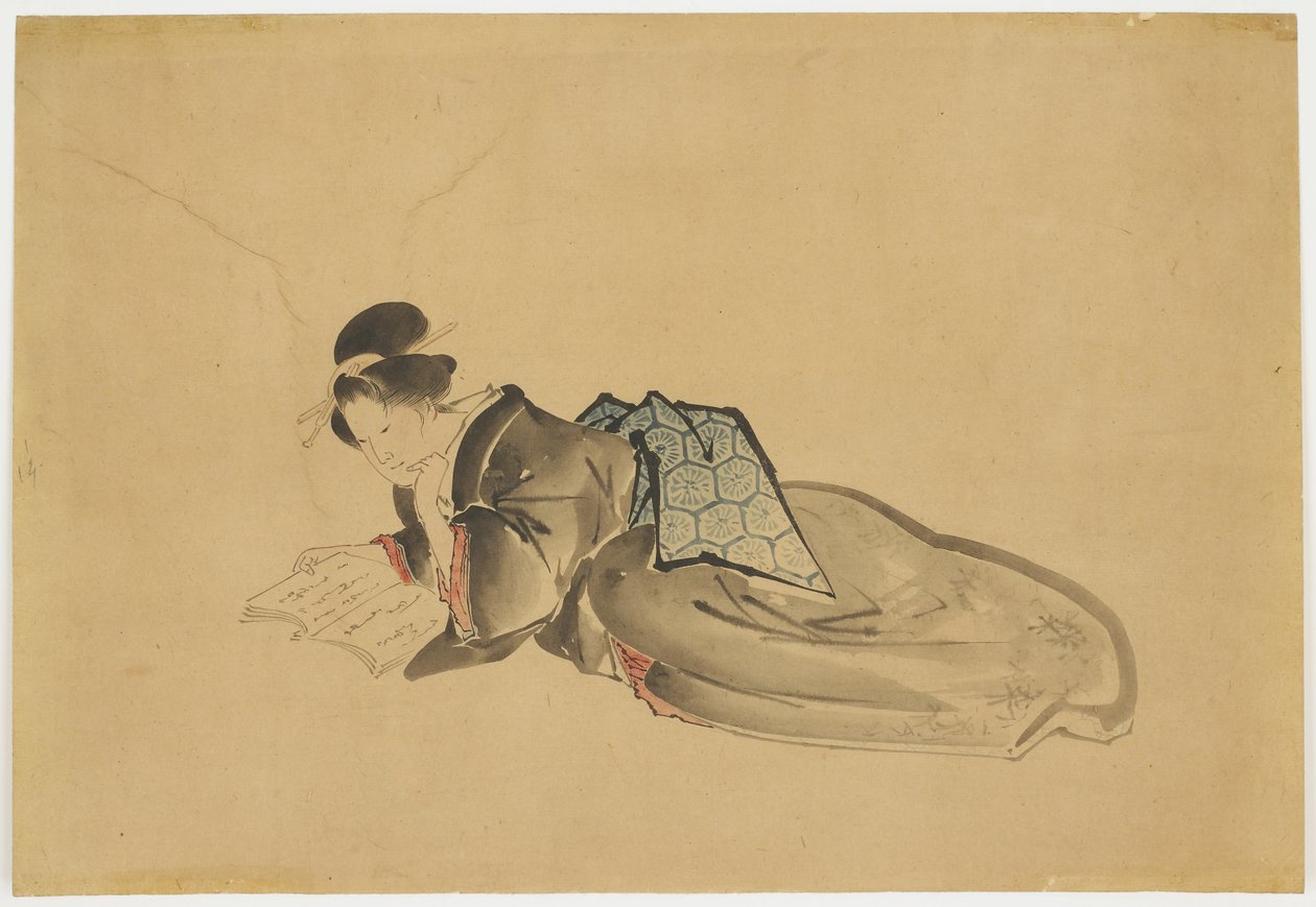 Ležící kurtizána Reading, cca 1850 (inkoust a barva na papíře) od Katsushika (school of) Hokusai