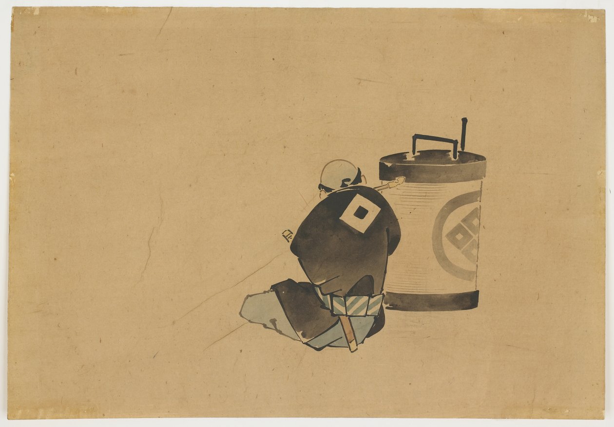Sedící obsluha kouření u lampy, ca. 1850 (inkoust a barva na papíře) od Katsushika (school of) Hokusai