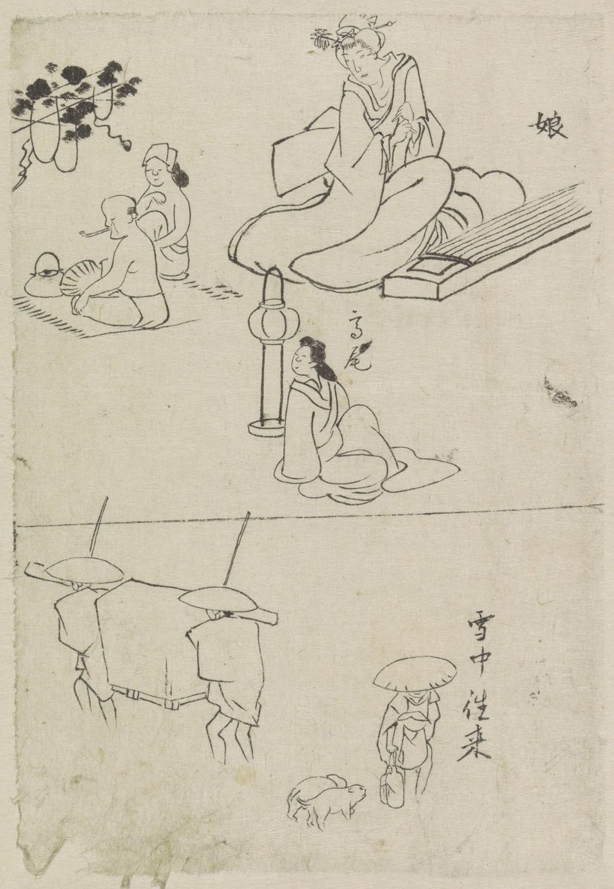 Různá vystoupení včetně dámy s koto, sedící dámy a dvou mužů od After Katsushika Hokusai