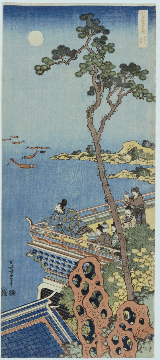 Dvořan na balkóně čínského pavilonu při pohledu do dálky za měsíční noci, ze série „Zrcadlo čínských a japonských veršů“ od Katsushika Hokusai