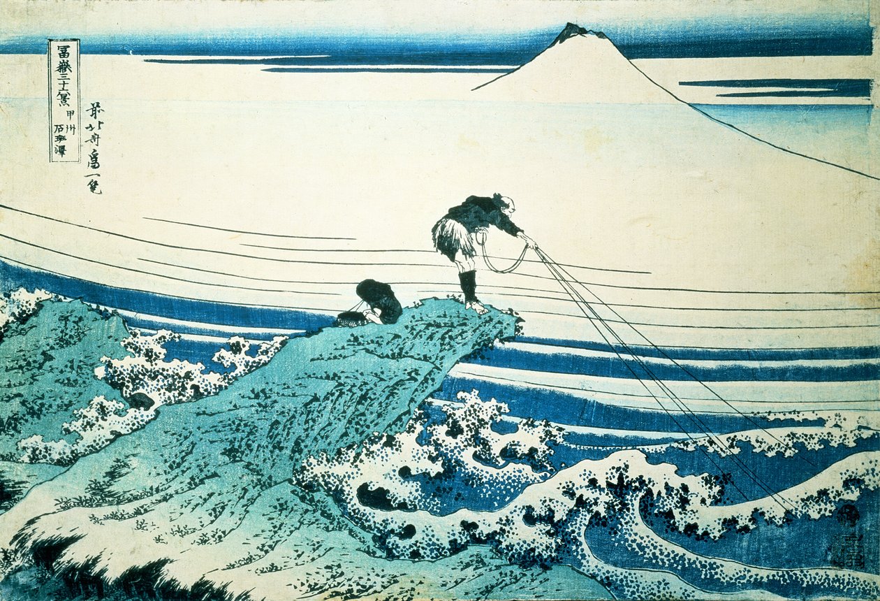 "Rybář stojící na skalnatém ostrohu v Kajikazawa v provincii Kai", ze série "36 pohledů na Mt.Fuji", hospoda. c.1830-31, od Katsushika Hokusai