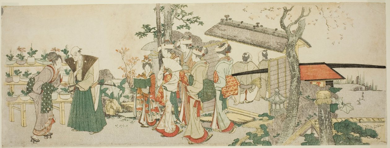 Skupina mladých žen vstupujících do zahrady zahradníka od Katsushika Hokusai