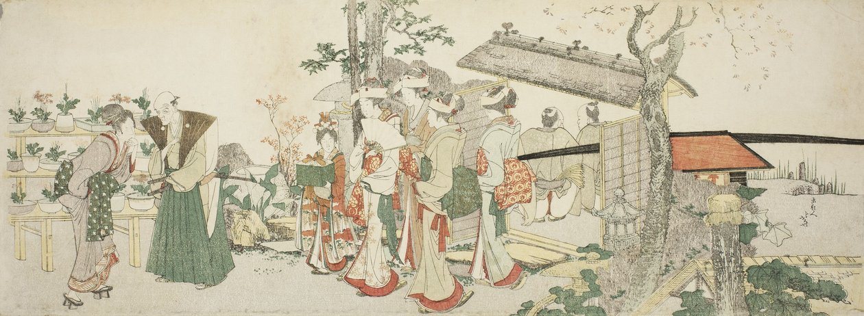 Skupina mladých žen vstupujících do zahrady zahradníka od Katsushika Hokusai