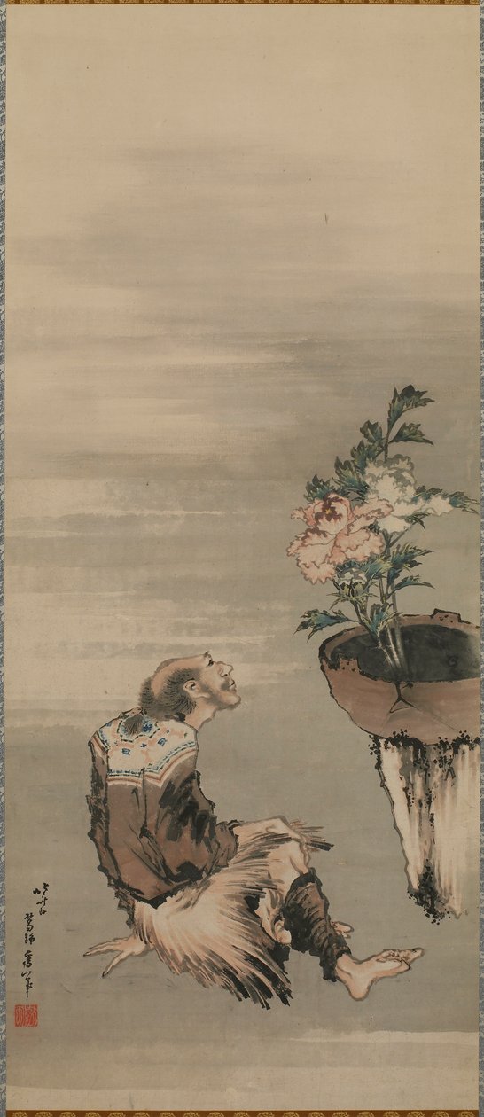 Sedící muž při pohledu na hrnkové pivoňky, konec 18.-začátek 19. století. od Katsushika Hokusai