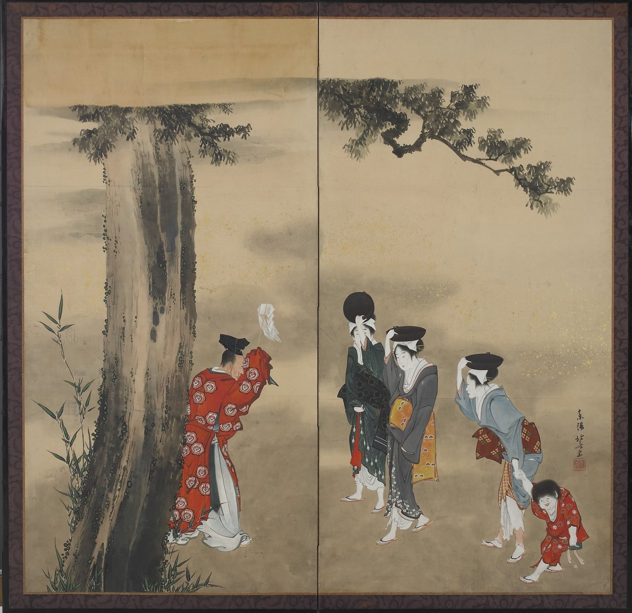 Šintoistický kněz, tři ženy a dítě od Katsushika Hokusai