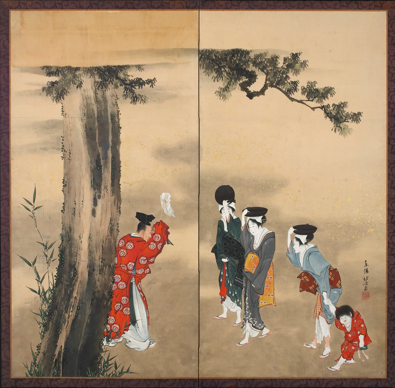 Šintoistický kněz, tři ženy a dítě, období Edo, kolem roku 1799 (inkoust, zlato a barva na papíře) od Katsushika Hokusai