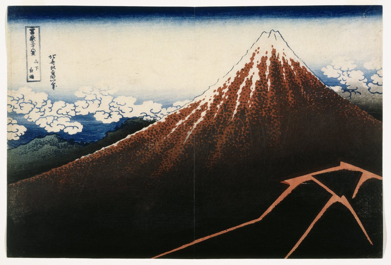 Sprcha pod vrcholem, ze série, Třicet šest pohledů na horu Fuji (Fugaku sanjurokkei), cca 1823 (dřevotisk) od Katsushika Hokusai