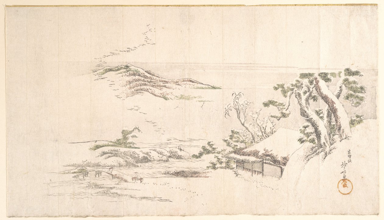 Zasněžená krajina se šedými mraky od Katsushika Hokusai