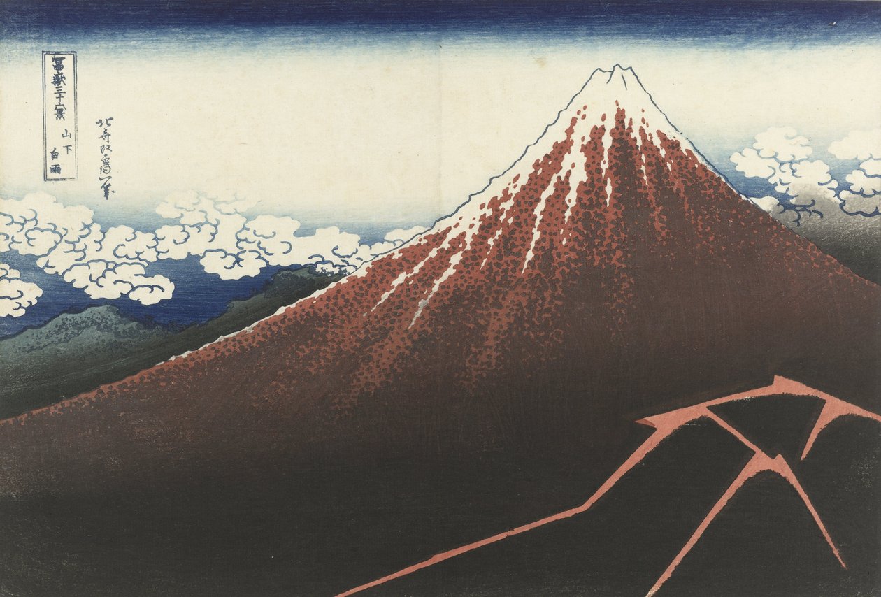 A Thunderstorm Below The Summit, cca 1830 (dřevěný tisk) od Katsushika Hokusai