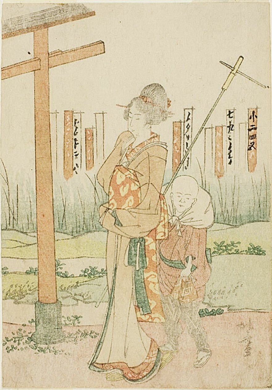 Žena a chlapec ve svatyni od Katsushika Hokusai