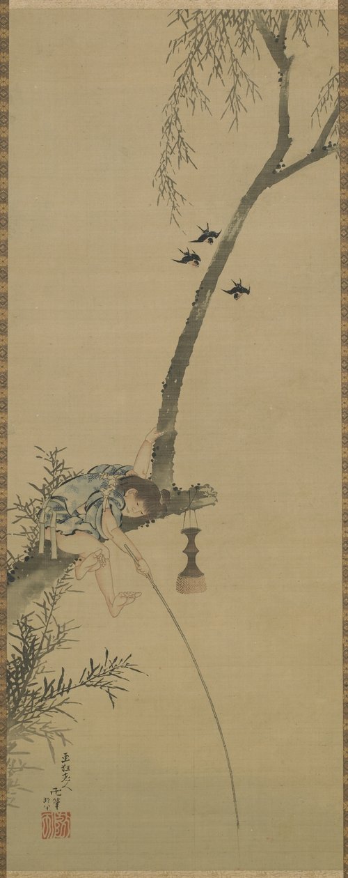 Chlapec lovící ryby z větve stromu, období Edo (tuš a tón na hedvábné desce) od Katsushika Hokusai