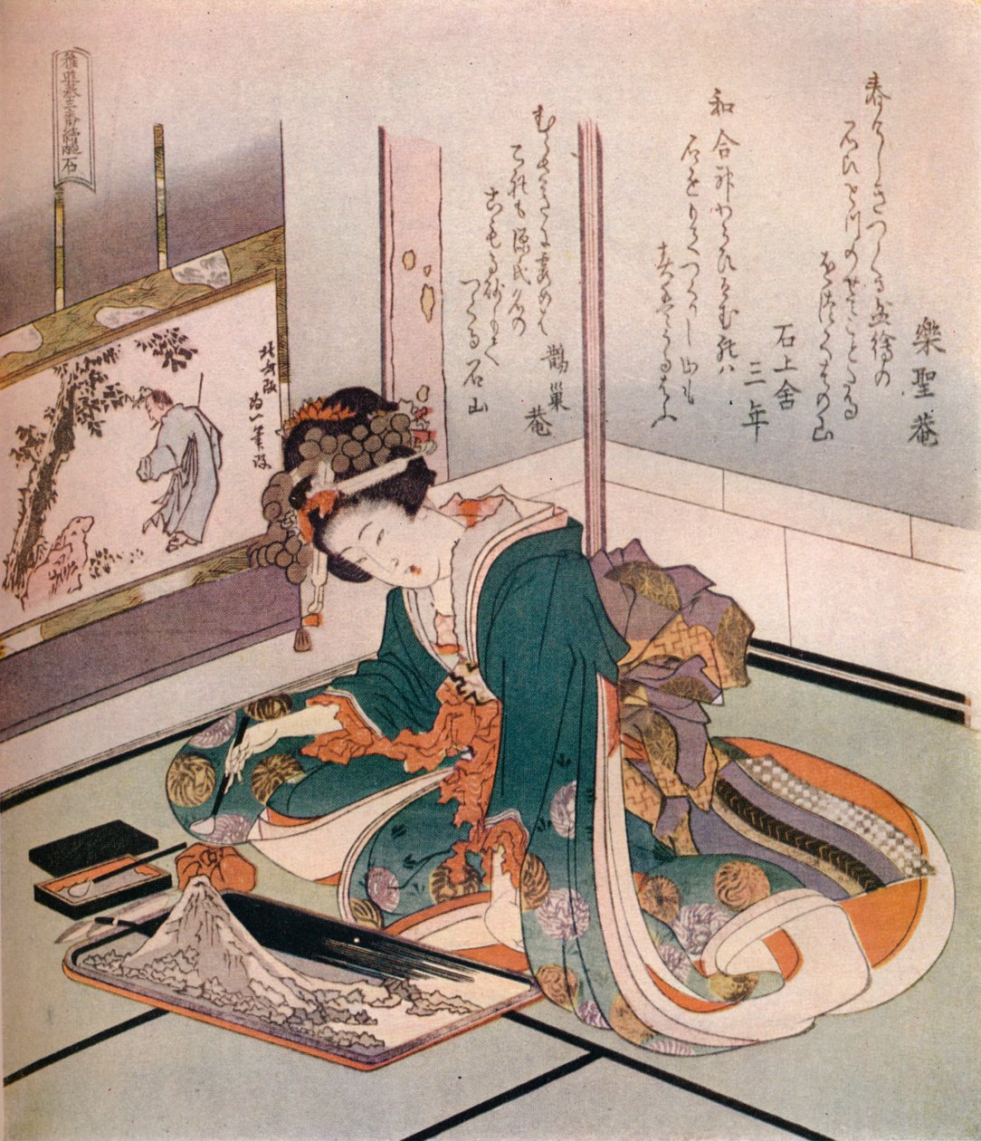 Žena, která vyrábí miniaturní model hory Fuji, c1823. od Katsushika Hokusai