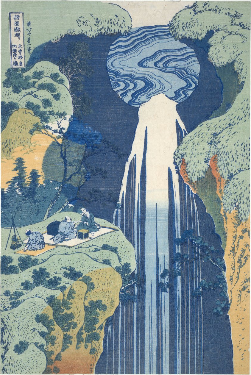 Vodopád Amida hluboko v dálce na silnici Kiso, ze série „Prohlídka vodopádů v různých provinciích“ od Katsushika Hokusai