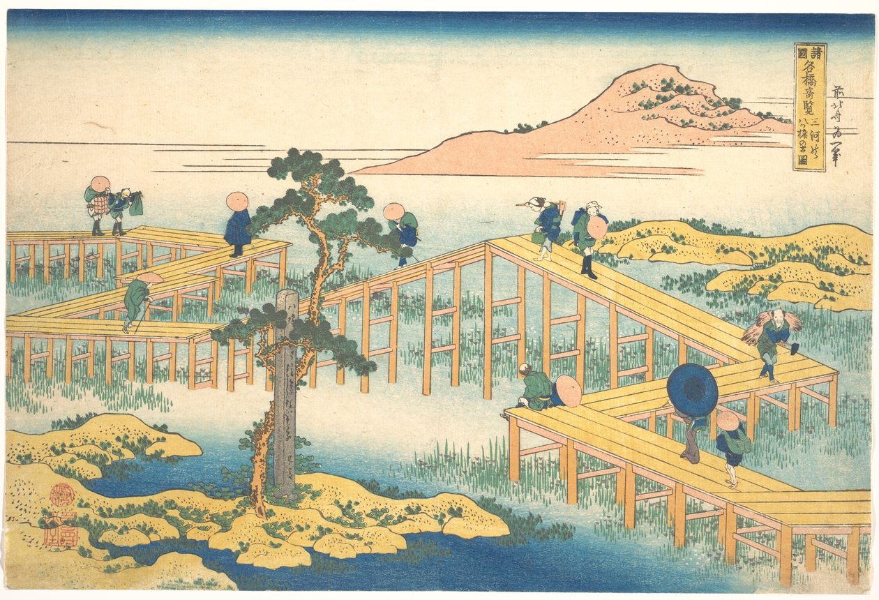Starobylý pohled na most Yatsuhashi v provincii Mikawa (Mikawa no Yatsuhashi no kozu), ze série „Pozoruhodné pohledy na mosty v různých provinciích“ (Shokoku meikyō kiran) od Katsushika Hokusai