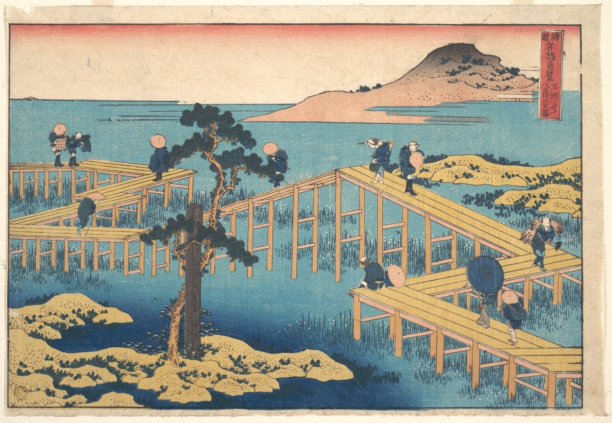 Starobylý pohled na most Yatsuhashi v provincii Mikawa (Mikawa no Yatsuhashi no kozu), ze série „Pozoruhodné pohledy na mosty v různých provinciích“ (Shokoku meikyō kiran) od Katsushika Hokusai