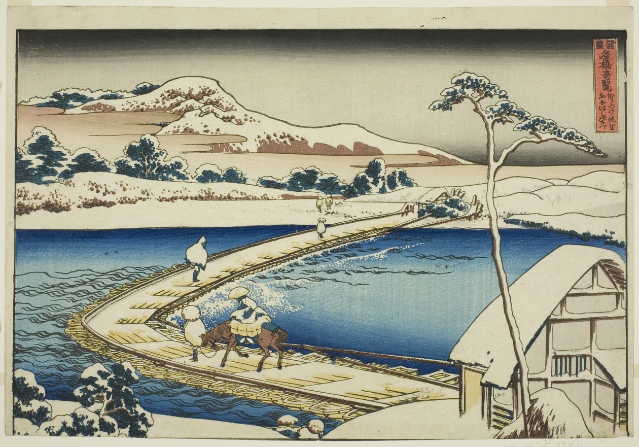 Starověký pohled na Pontonový most v Sano v provincii Kozuke (Kozuke Sano funabashi no kozu), ze série „Neobvyklé pohledy na slavné mosty v různých provinciích (Shokoku meikyo kiran)“ od Katsushika Hokusai