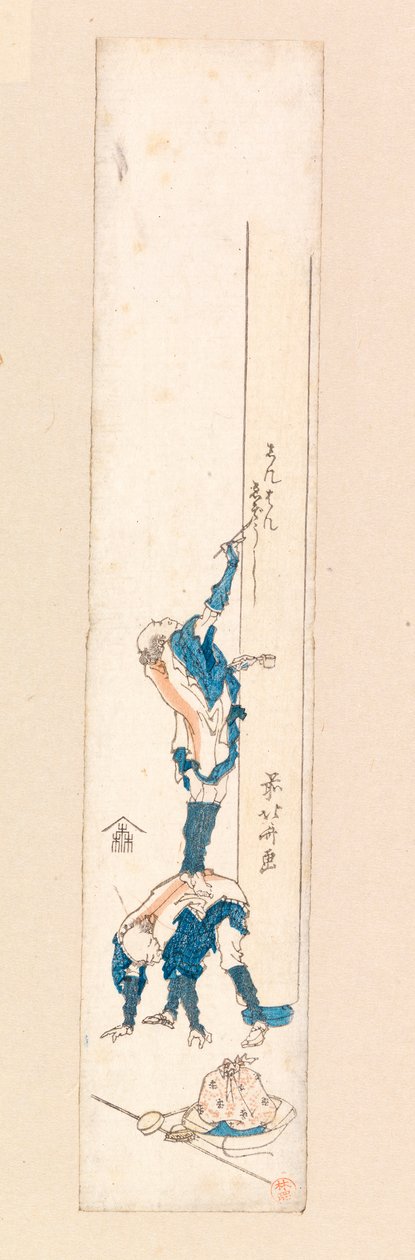 Umělec stojící na zádech muže a píšící na sloup, kolem 1820 (barevný dřevoryt) od Katsushika Hokusai