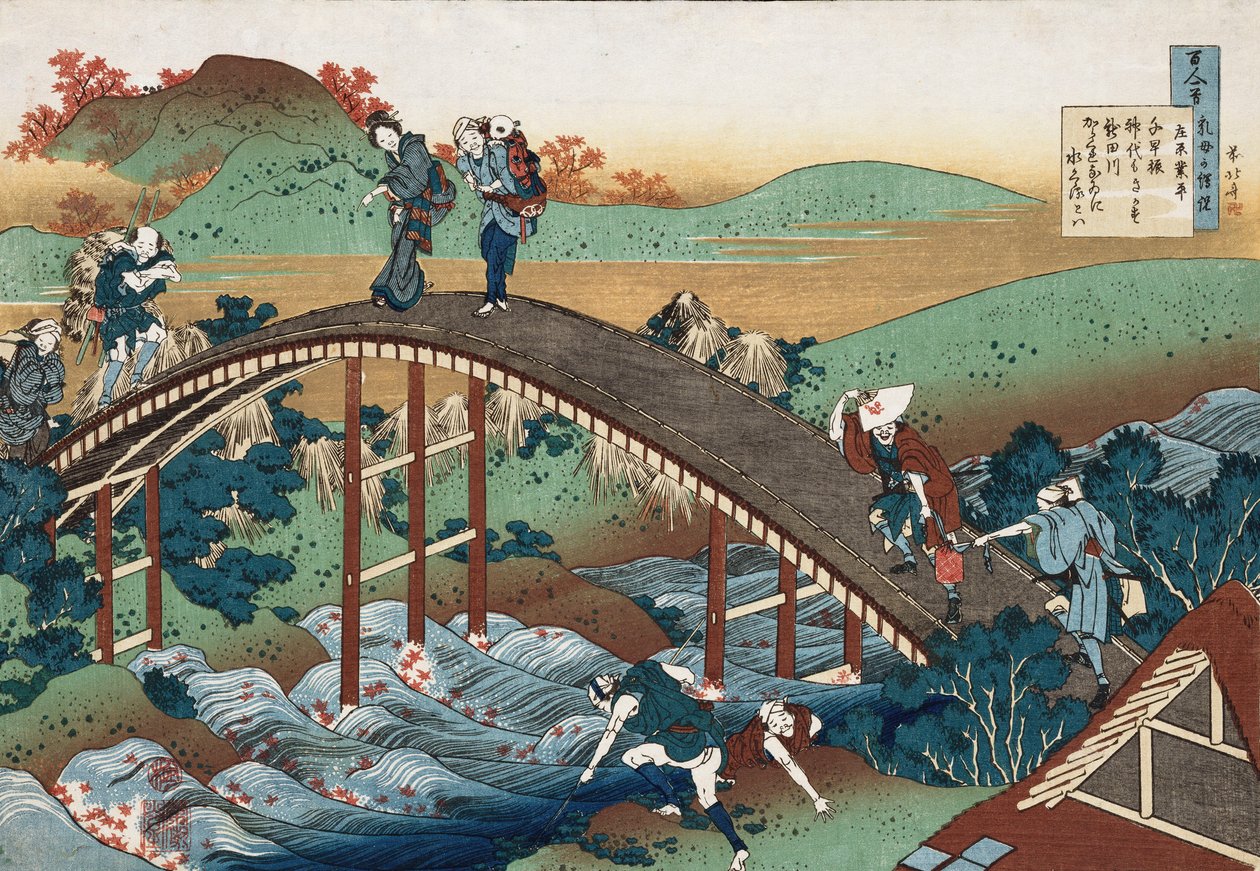 Podzimní listí na řece Tsutaya, ze série „Sto básní vyprávěných sestrou“, kolem roku 1839 od Katsushika Hokusai