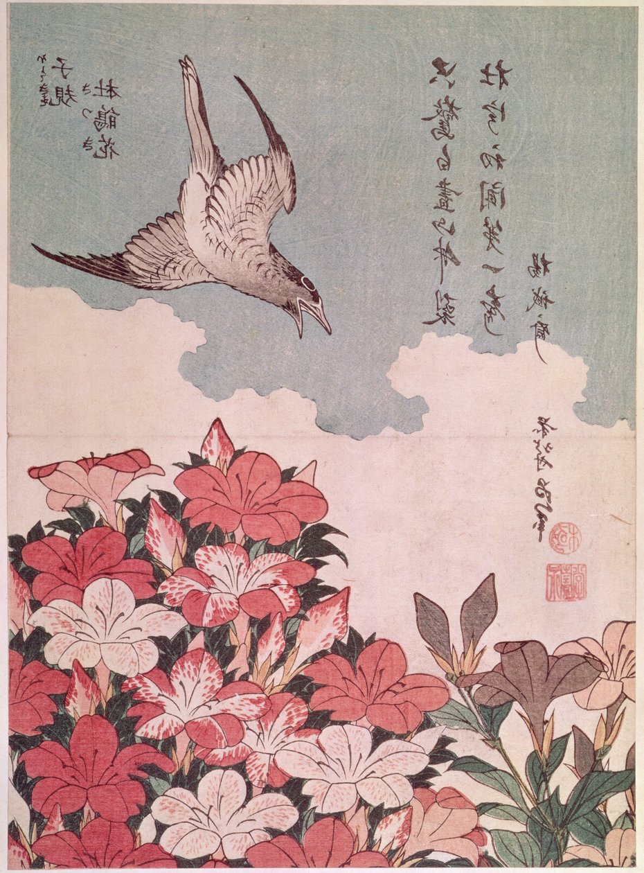 Azalky a kukačka, nakladatelství Eijudo, kolem roku 1830 (barevný dřevořez) od Katsushika Hokusai