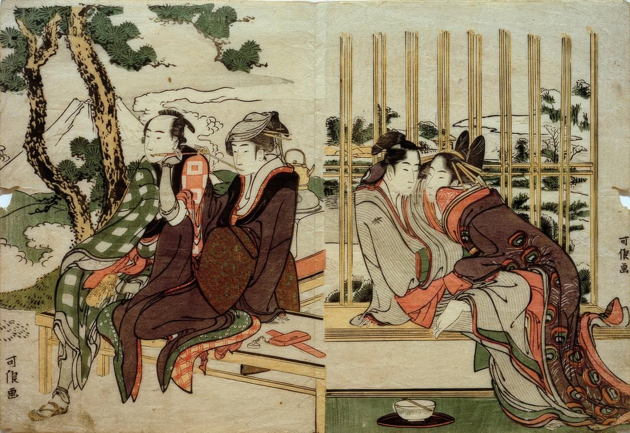 Azuma a Yogoro na starém sněhu. Koman a Yosaku při západu slunce od Katsushika Hokusai