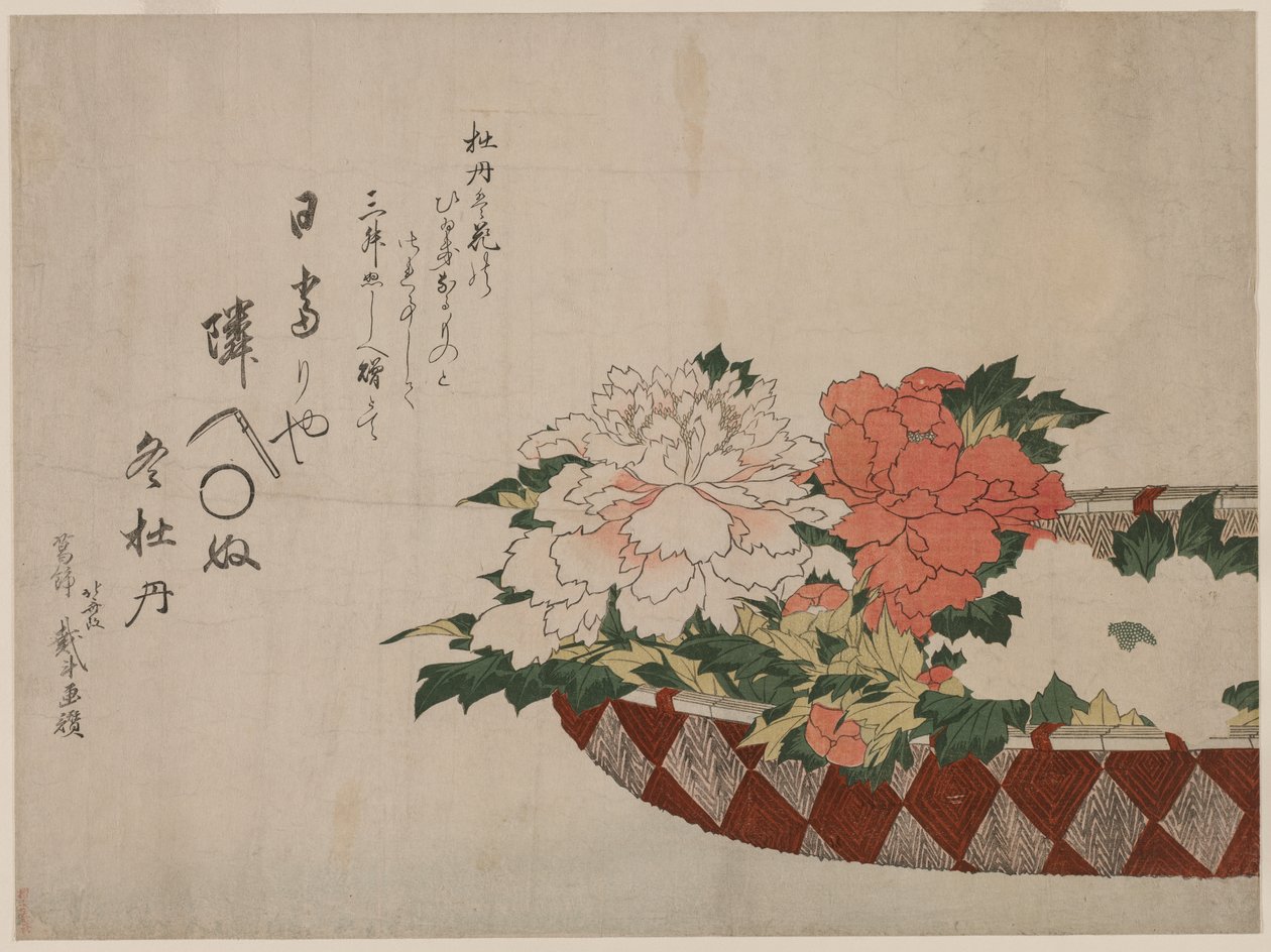 Košík s pivoňkami od Katsushika Hokusai