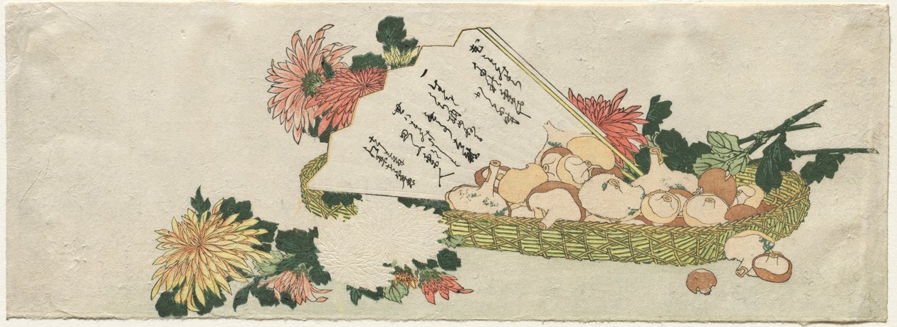 Košík s vějířem, chryzantémami a houbami od Katsushika Hokusai