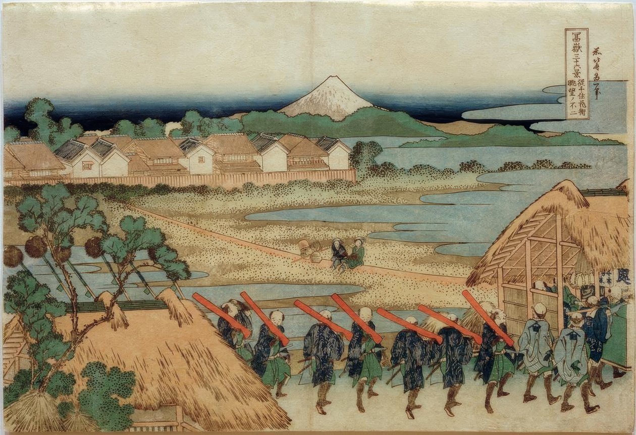 Hora Fuji při pohledu ze Senju a zábavní čtvrti od Katsushika Hokusai