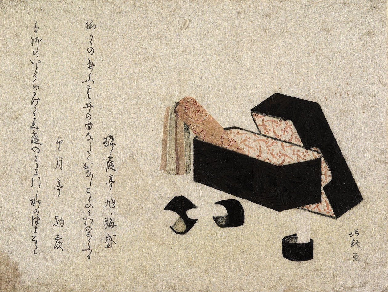 Černá lakovaná krabička s Koto Strikery od Katsushika Hokusai