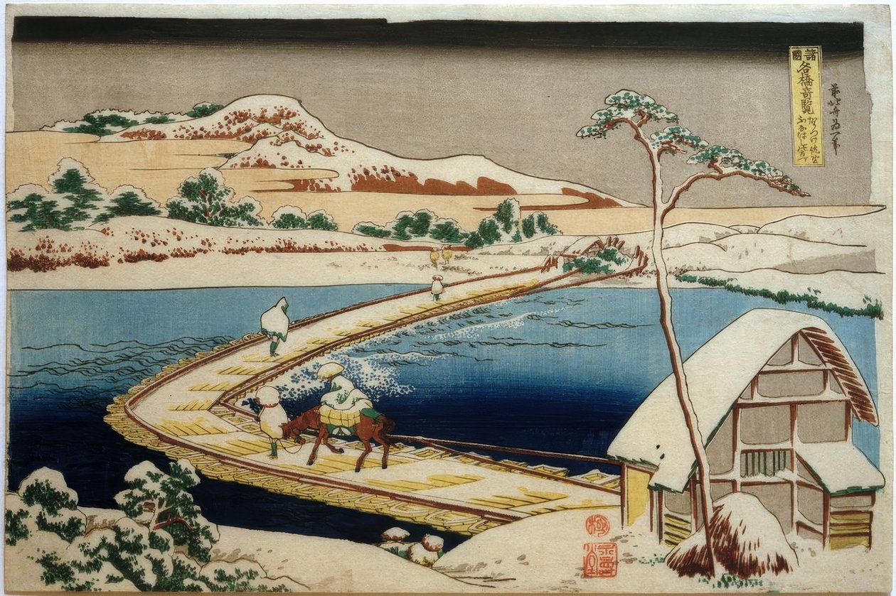 Pohled na bývalý lodní most v Sano v provincii Kôzuke od Katsushika Hokusai