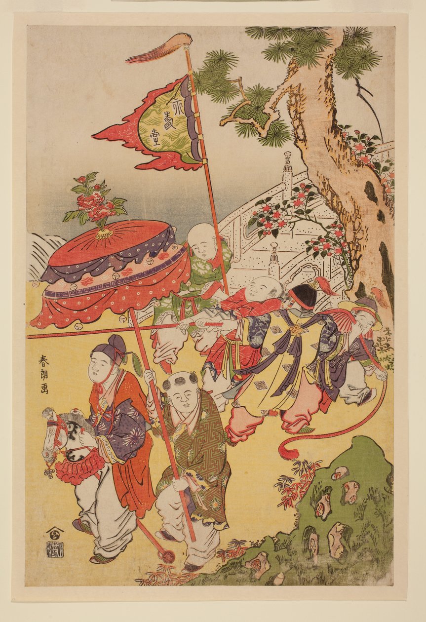 Čínské děti si hrají u borovice od Katsushika Hokusai
